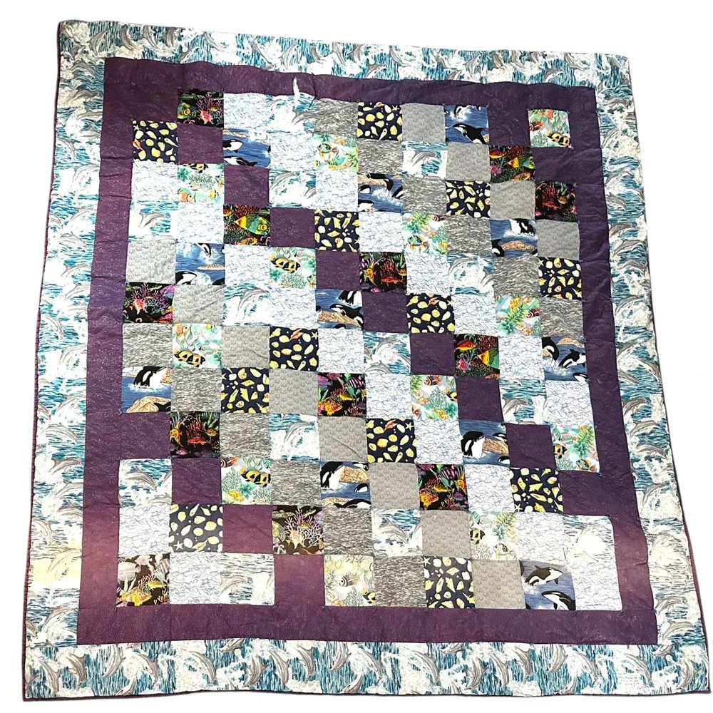 VTG Handmade Dolphin Quilt 90s Y2K Ocean Orca Patchwork Nostalgic Twin Throw